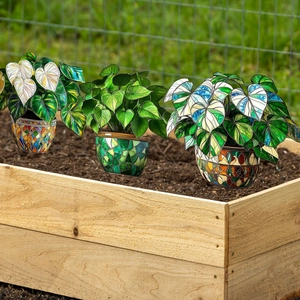 Three-piece set of artistic painted acrylic plant stakes with colorful mosaic pots