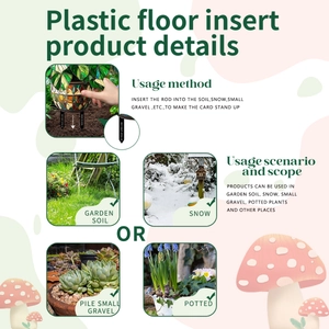 Waterproof PVC garden stakes with colorful floral patterns shown in diverse outdoor settings