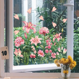 Pink floral window stickers with lilies and daisies on a clear glass background