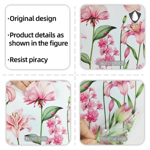 Detail showing waterproof floral window stickers with double-sided visible pink lilies