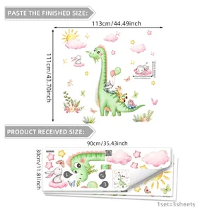 Size chart for cartoon animal wall stickers showing dimensions and set of three sheets