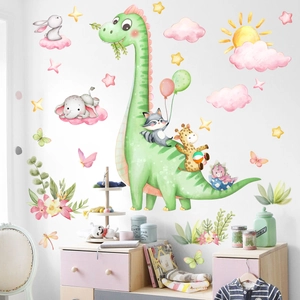Cartoon dinosaur and animal wall stickers for nursery decor featuring watercolor illustrations