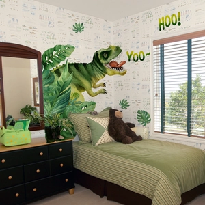 Detailed view of watercolor green dinosaur wall decal with monstera leaves for kids' rooms