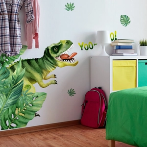 Cartoon green dinosaur wall sticker with tropical leaves for kids room decoration