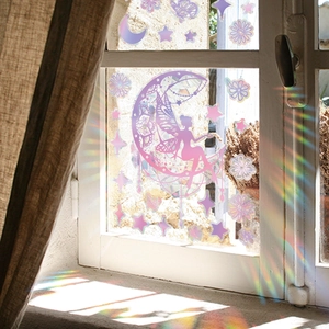 Rainbow moon fairy static glass window cling with stars for holographic light effects