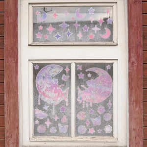 Rainbow holographic window decals featuring celestial fairy moon and stars decorations