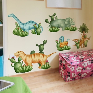Detailed watercolor dinosaur wall stickers for kids room featuring cartoon cacti and plants