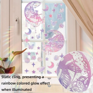 Detail of holographic moon fairy window stickers with prismatic rainbow effect and static cling