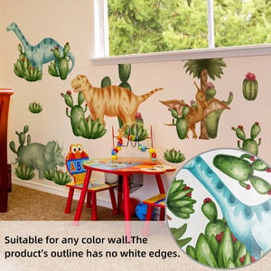Detail of watercolor dinosaur and cactus wall stickers featuring no-white-edge design