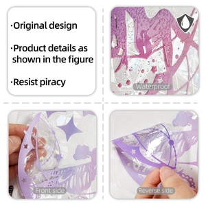 Detail of waterproof holographic fairy window film showing iridescent purple moon and stars