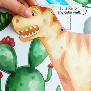 Close-up of peeling cartoon dinosaur wall sticker showing transparent edges and adhesive back
