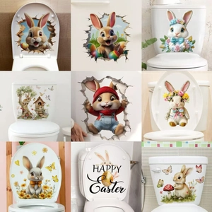 Easter Toilet Stickers PVC 3D Cartoon Rabbit Egg Floral Waterproof Self Adhesive Removable Bathroom Wall Decals Home Decor