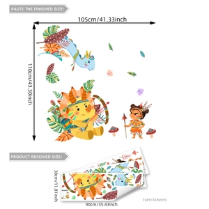 Cartoon tribal animal wall sticker set with dinosaurs and kids, 105x110cm display size