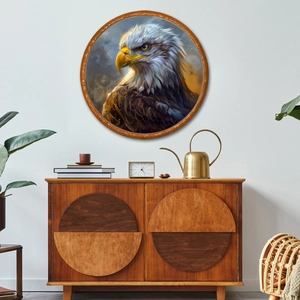Creative circular bald eagle wall art decor in dark wood frame for living room entryway