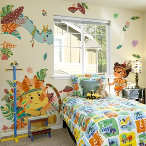 Tribal dinosaur wall stickers with cartoon figures and leaves for kids bedroom decor