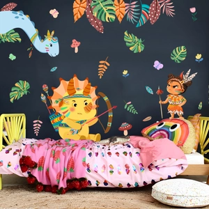 Cartoon Tribal Dinosaur Wall Stickers PVC Waterproof Self Adhesive Kids Room Nursery Bedroom Decor For Boys Girls