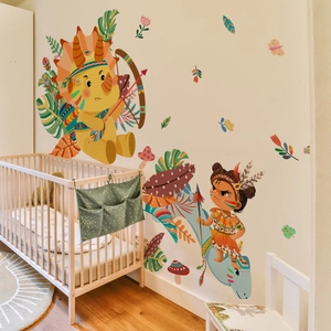 Cartoon dinosaur and tribal girl wall stickers for kids bedroom nursery wall decor