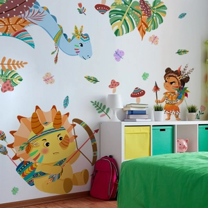 Cartoon tribal animals wall stickers with dinosaur and girl figures for kids room decor