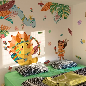 Detailed view of colorful tribal dinosaur wall stickers in a bright children bedroom