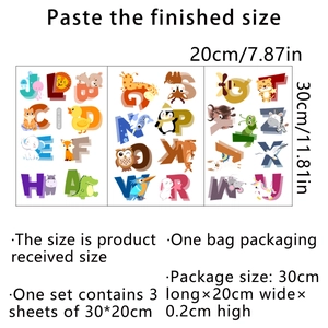 Set of 3 animal alphabet wall stickers for kids education, 30x20cm colorful nursery decals