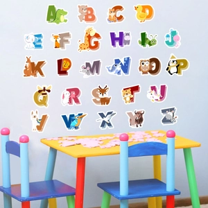 Colorful alphabet wall stickers with cartoon animals for kids room education decor