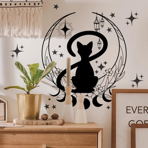 Wall Sticker PVC Black Cat Moon Phases Stars Flowers Self Adhesive Removable Mystical Bohemian Home Decor Silhouette Art