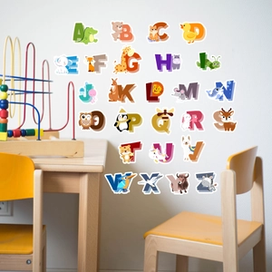 Cartoon animal alphabet wall decals A-Z set for colorful kids room wall decoration