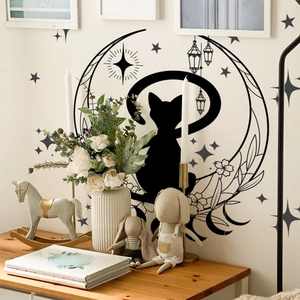Black cat wall stickers with moon and stars decor for home living room and bedroom
