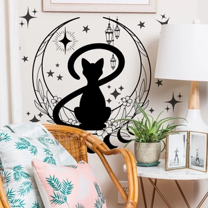 Minimalist black cat and crescent moon wall sticker for cozy living room decoration