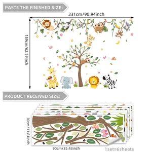 Cartoon jungle animal wall decals with lion, giraffe and elephant for living room decor