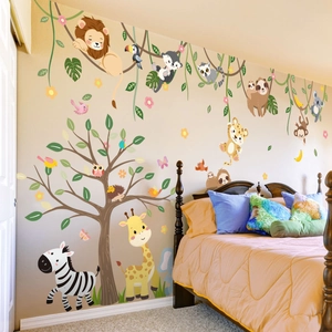 Cartoon jungle animal wall decals with lions and giraffes for kids room wall decor