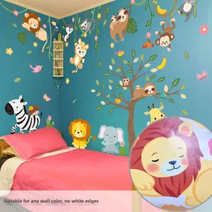 Detailed jungle animal wall decal with lion, zebra, and seamless borderless finish