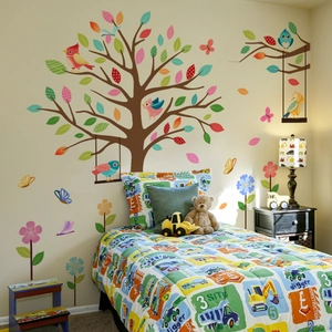 Colorful tree and bird wall stickers for kids bedroom decor with floral accents