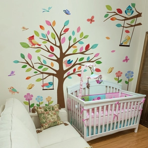 Colorful cartoon tree and birds wall decal set for nursery and kids room decoration
