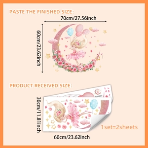 Stickers muraux fée sur la lune avec roses roses et étoiles lot de 2 pièces