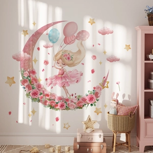 Stickers muraux lune rose et danseuse avec motifs de fleurs et nuages aquarelle