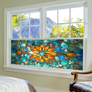 Retro floral stained glass window film with colorful geometric patterns for home privacy