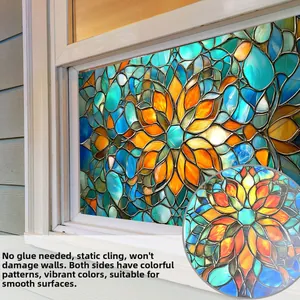 Detail of static cling window film with colorful flower patterns on smooth glass surface