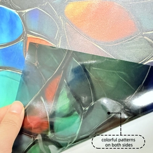 Close-up of double-sided colorful mosaic window film showing translucent flower patterns