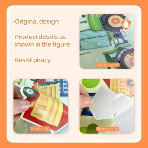 Waterproof detail of cartoon car wall stickers showing front and back texture on orange background