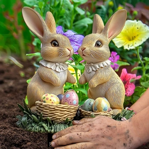 Easter bunny garden stakes with colorful eggs in baskets, lifelike outdoor lawn decor