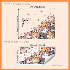 Cartoon cat wall decals set featuring cute kitten heads and paw prints for room decor