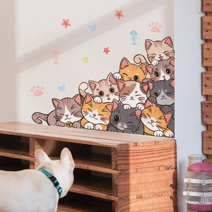Cartoon cat wall stickers with kittens, fish bones and stars for bedroom wall decoration