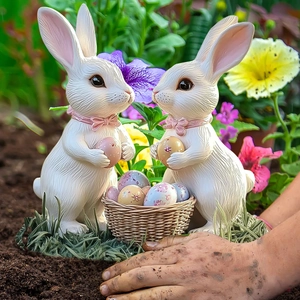 Easter garden statues featuring two white rabbits with colorful eggs and a woven basket