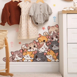Cartoon kitten wall stickers for kids bedroom featuring cute cats and colorful stars