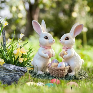 Resin Easter bunny statues with colorful eggs and baskets for outdoor garden decoration