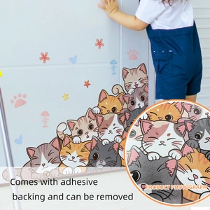 Self-adhesive cartoon cat wall stickers featuring diverse kittens and floral accents