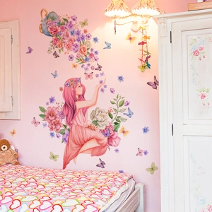 Stickers muraux fleurs roses et fille avec papillons pour décoration de chambre d'enfant