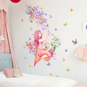 Sticker mural rêveur fille aux fleurs, tasse et papillons pour décoration de chambre