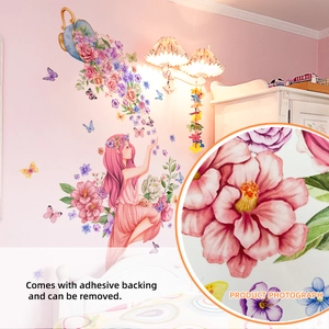 Stickers muraux fille rose avec fleurs et papillons pour décor de chambre romantique